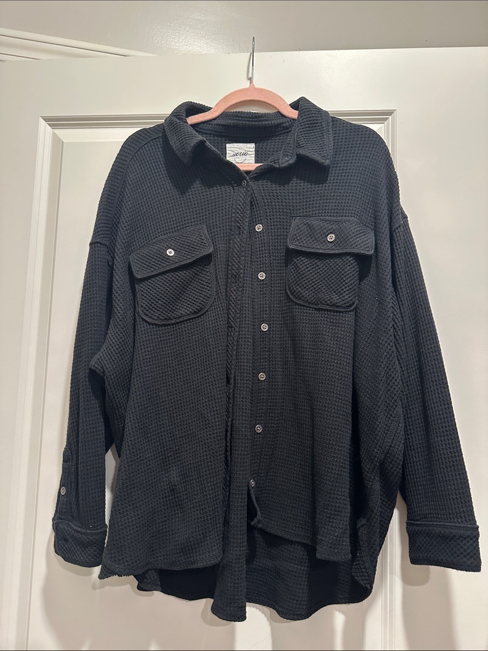 Black Waffle-Knit Button-Up Shirt Jacket